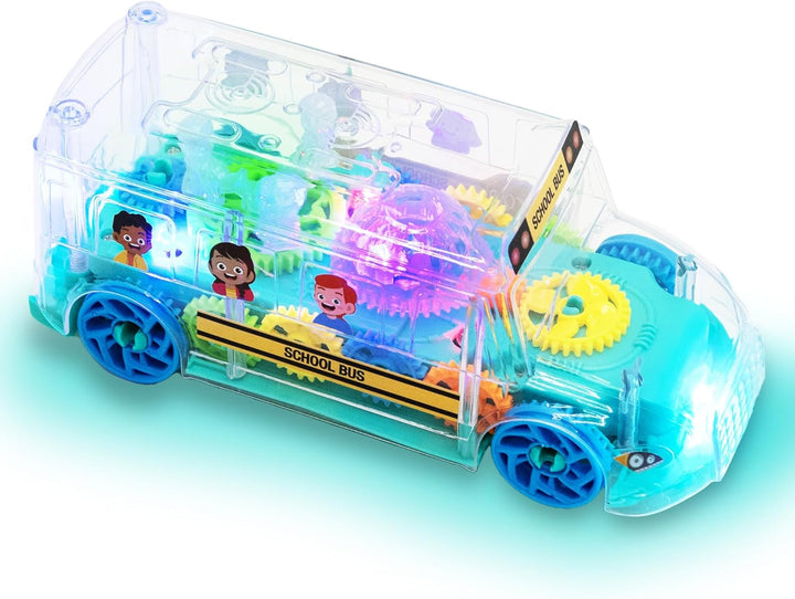Light up School Bus Toy for Toddlers - Bump and Go School Toy Bus with Colorful Spinning Gears, LED Lights, and Music - Autism Sensory Toys for Boys Ages 4 5 6 7 8