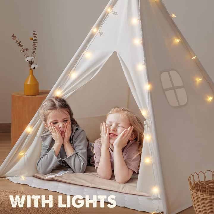 Teepee Tent for Kids – 100% Cotton Play Tent with Padded Mat & Star Lights, Foldable with Carry Bag, Indoor Play Tent for Girls & Boys