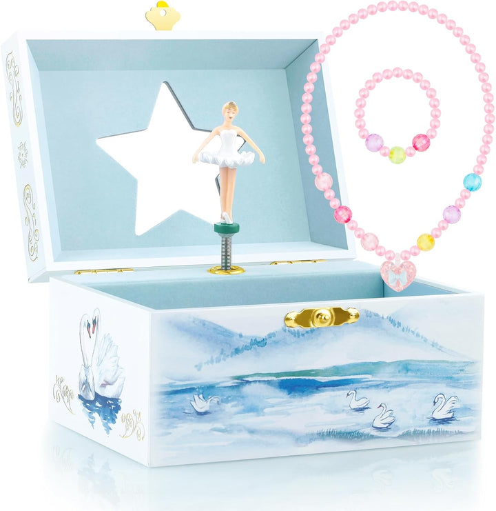 Musical Jewelry Glitter Storage Box and Jewelry Set for Little Girls with Spinning Unicorn and Rainbow - over the Waves Tune Pink