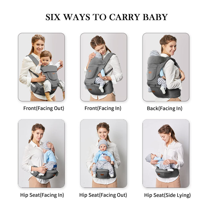 Baby Carrier with Hip Seat, Baby Carrier Newborn to Toddler, 6-In-1 Ways to Carry, All Seasons, Adjustable Baby Holder Carrier for Breastfeeding(Black)