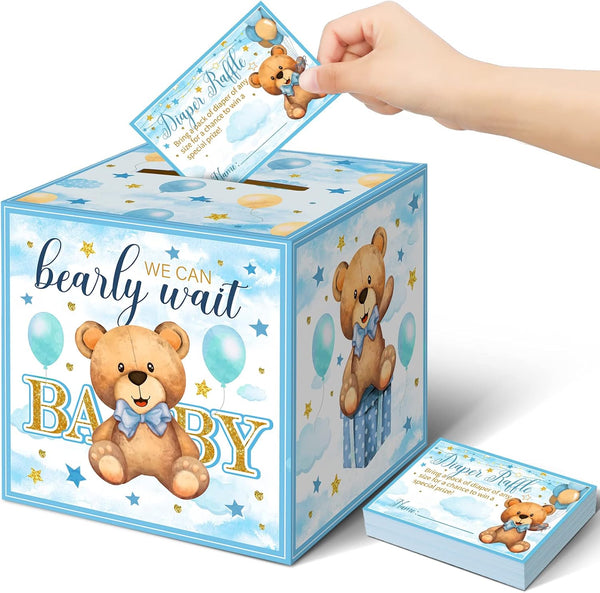 51 Pieces Bear Diaper Raffle Box with Tickets for Baby Shower Game Decoration Gender Reveal Party Blue Diaper Raffle Sign Bear Themed Insert Card Ticket Invitation Advice and Wishes