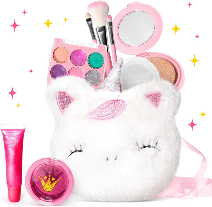 Kids Real Makeup Kit for Girls with Fluffy Purse - Real, Non Toxic, Washable Make up Toy - Umicorn Toys Gift for 3 4 5 6 7 8 Years Old Girls Birthday (Pink Umicorn)