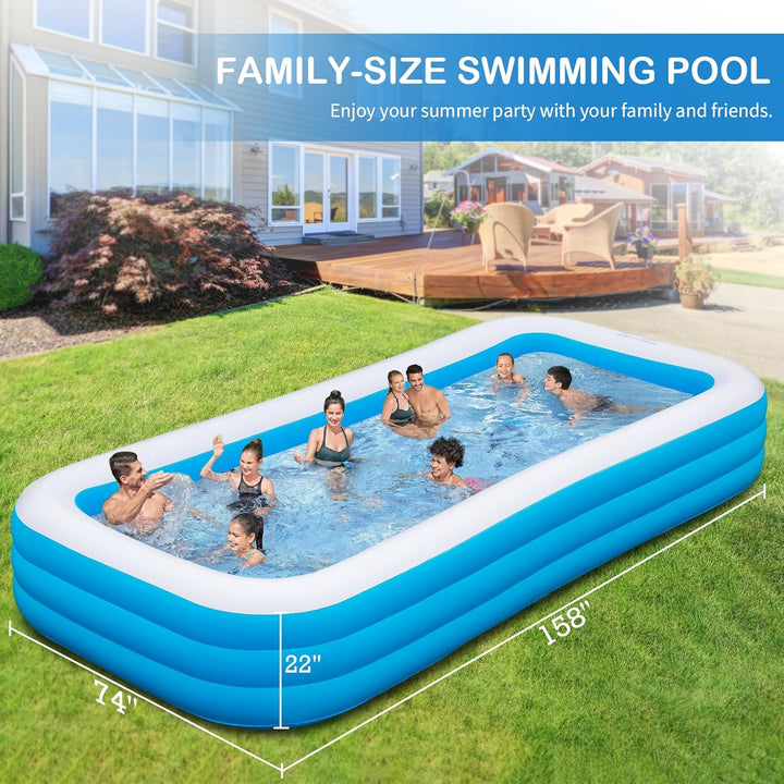 Large Inflatable Pool with Air Pump, 158" X 74" X 22" Blow-Up Pool for Kids, Family, Adults, Inflatable Swimming Pool for Backyard, Outdoor, Garden, Summer Water Party