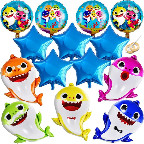 Shark Birthday Party Decorations for Boys and Girls, 26” Cartoon Helium Balloons XL for Baby Birthday Party with 9 Pcs 18” round and Star Ocean Theme Balloons, Shark Party Decorations (14 Pcs)