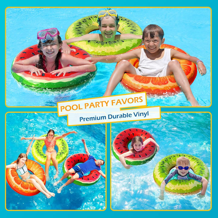 Inflatable Pool Toys Floats for Swimming Pool Party Lake Beach Kids Adults - 4 Pack Floaties Pool Tubes Swim Rings Fruit Water Floaty Watermelon Kiwi Orange Grape