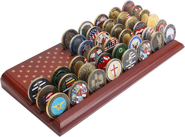 6-Row Challenge Coin Display with United States Flag, Challenge Coin Holder Made of 100% Solid Wood