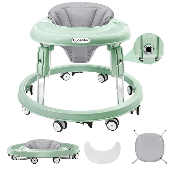 Baby Walker with Wheels, One-Touch Folding Anti-Roll 8-Wheel Baby Walkers, 7-Speed Height Adjustment with Large Dinner Plate and Brake 6-18 Months Baby Walker, Black