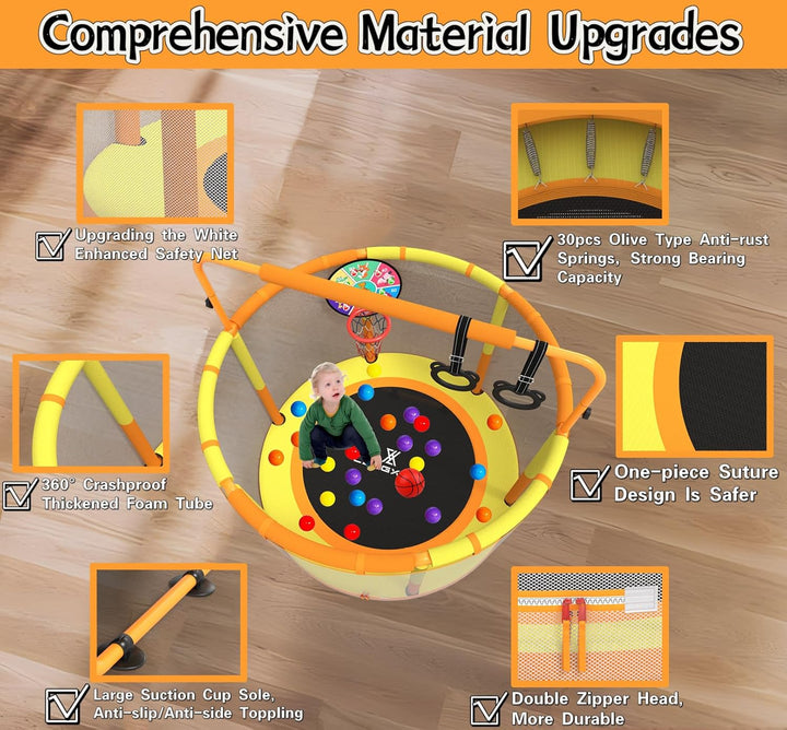 60" Trampoline for Kids, 5Ft Toddler Mini 6-In-1 Trampoline Indoor Outdoor with Swing, Basketball Hoop, Dart Board, Gymnastics Bar, Rings, Christmas Toys Birthday Gifts for Girls Boys Age 3-8
