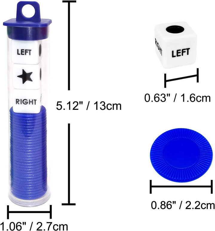Left Right Center Dice Game Prime Set Bundle with 3 Dices + 36 Chips. round Tube Storage Is Very Convenient for Travel. Easy to Store, Carry Around. (Blue)