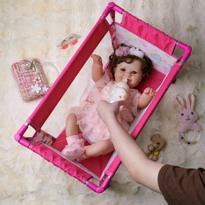 Baby Doll Crib with Storage Bag,Foldable Playpen Baby Doll Bed for 17-21" Reborn Dolls, Reborn Babies Dolls Accessories for Girls Age 3+,Pack N Play Toy Gift for Kids,Pink