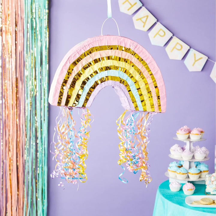 Rainbow Pull String Pinata for Pastel Birthday Decorations, Gender Reveal Party Supplies, and Birthday Party (Small, 16.5 X 10 X 3 In)