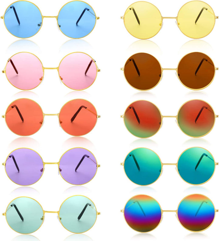 20 Pieces Hippie Headband Glasses Costume Set, Includes 10 Pieces Multicolor Daisy Flower Crown, 10 Pieces round Hippie Sunglasses for Festival