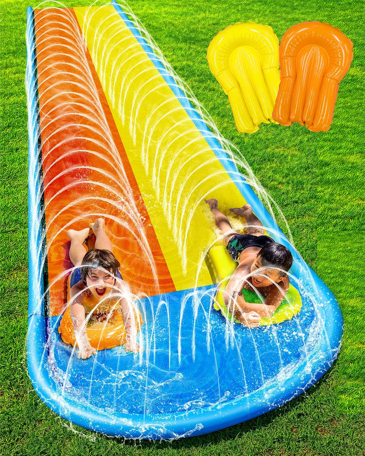 Lawn Water Slides 16Ft X 80In Triple Slide with Built-In Sprinkler and 3 Bodyboards for Kids Adults Backyard, Slip and Slide in Outdoor Water Toys during Summer Holiday