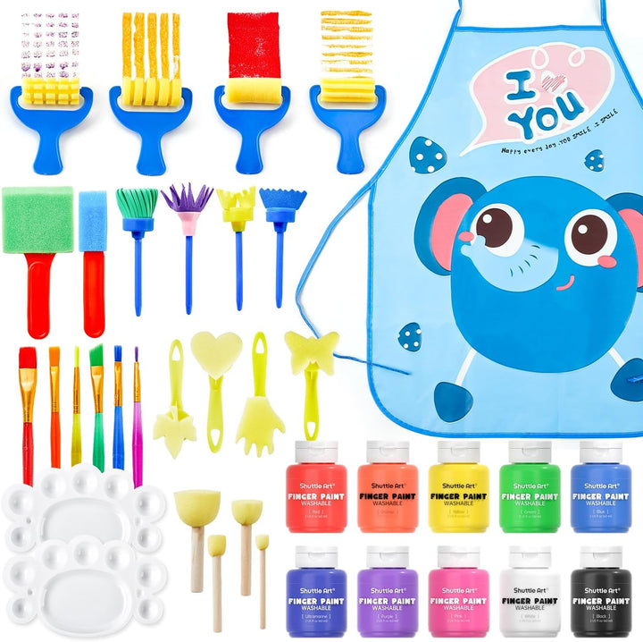 Kids Washable Finger Paints Set,  33 Pack Non Toxic Kids Painting Set with 10 Colours (60Ml) Finger Paints, Paint Pad, Sponge Paint Brushes, Eco Natural for Children and Toddler