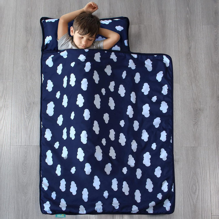 Toddler Nap Mat with Pillow and Blanket, Cot Nap Mats for Daycare Preschool Kindergarten, Lightweight Portable Travel Sleeping Bag for Kids, Super Soft & Cozy, Navy Cloud, 50" X 21"