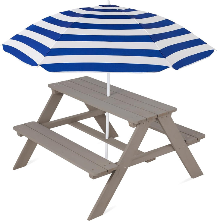 Kids Wooden Picnic Table, Outdoor Activity & Dining Table W/Adjustable Collapsible Umbrella, Built-In Seats - Golden Brown/Navy