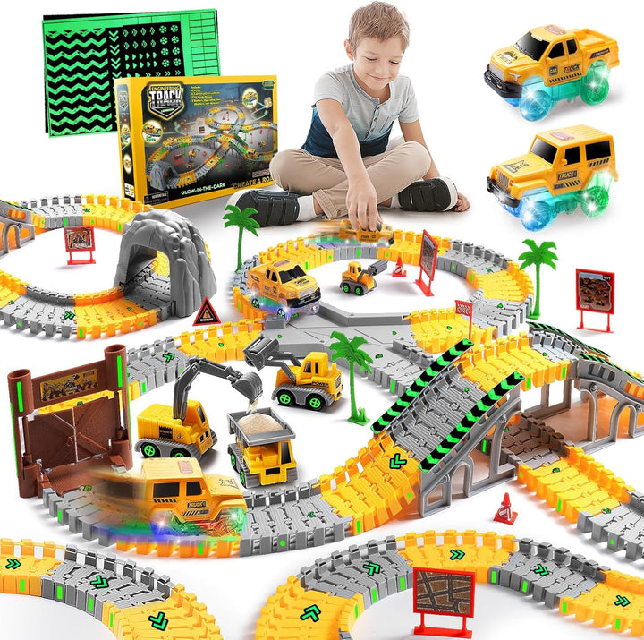 264 PCS Construction Race Tracks for Kids Toys, Glow in the Dark Magic Toy Set, 2 Light up Cars Track, 3 Construction Cars, Flexible DIY Track Set, Birthday Gift for Age 3-9 Boys Toddler Girls