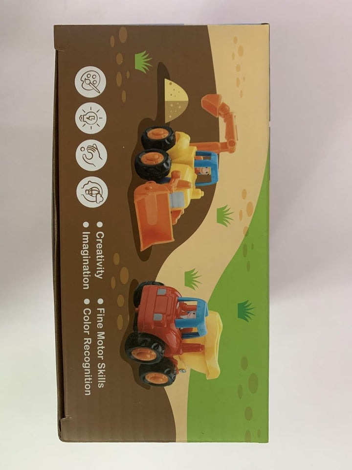 4 Pack Friction Powered Cars Construction Vehicles Toy Set Cartoon Push and Go Car Tractor, Bulldozer, Cement Mixer Truck, Dumper for Year Old Boy Girl Kid Gift