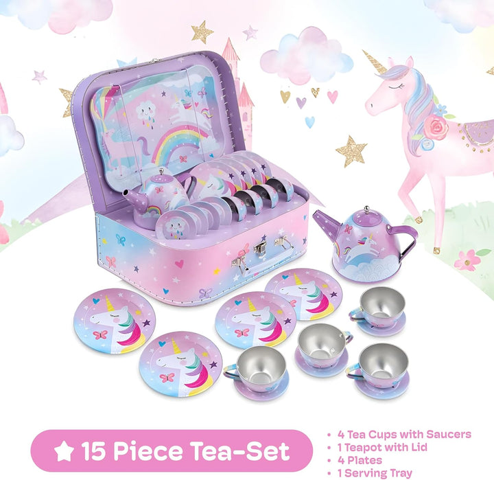Tea Party Set - 15-Piece Toddler Tea Set with Unicorn Design for Kids - Includes Teapot, Cups, Saucers, Plates and Carrying Case for Imaginative Play and Storage