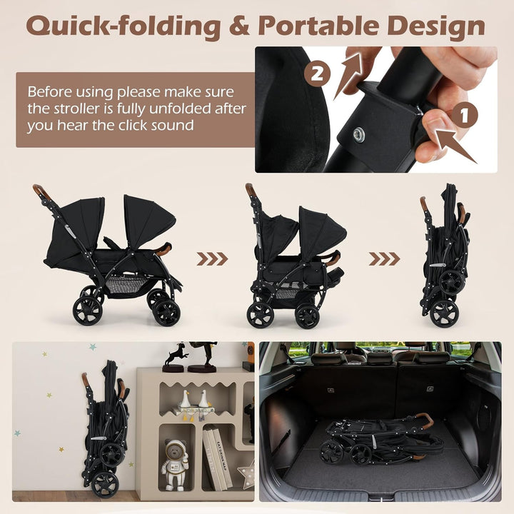 Double Stroller, Foldable Baby Tandem Stroller with Djustable Backrest Canopy Footrest, 5-Point Harness, Storage Basket, Convertible Compact Twin Stroller for Infants and Toddlers