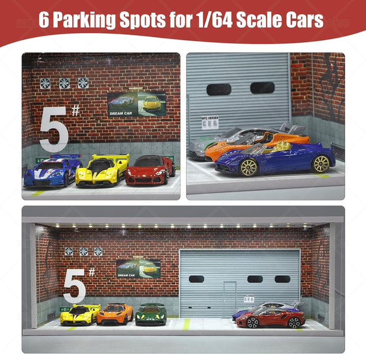 Display Case for Hot Wheels: Stackable Parking Garage for 1/64 Scale Matchbox Toy Car, Foamboard Storage for Monster Trucks with LED Light and Acrylic Cover, Depot
