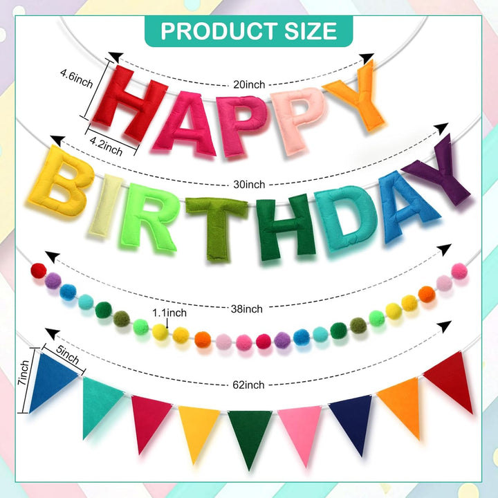 Pre-Strung Happy Birthday Banner - Felt Ball Garland HAPPY BIRTHDAY Pennant, Multicolor Bunting String Triangle Flags Bulk Rainbow Bunting