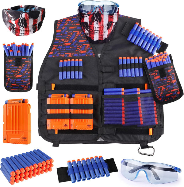 Kids Tactical Vest Kit for Nerf Guns Elite Series with Refill Darts,Tactical Mask Wrist Band,Protective Glasses,Toys for 7 8 9 10 12 Year Old, Orange