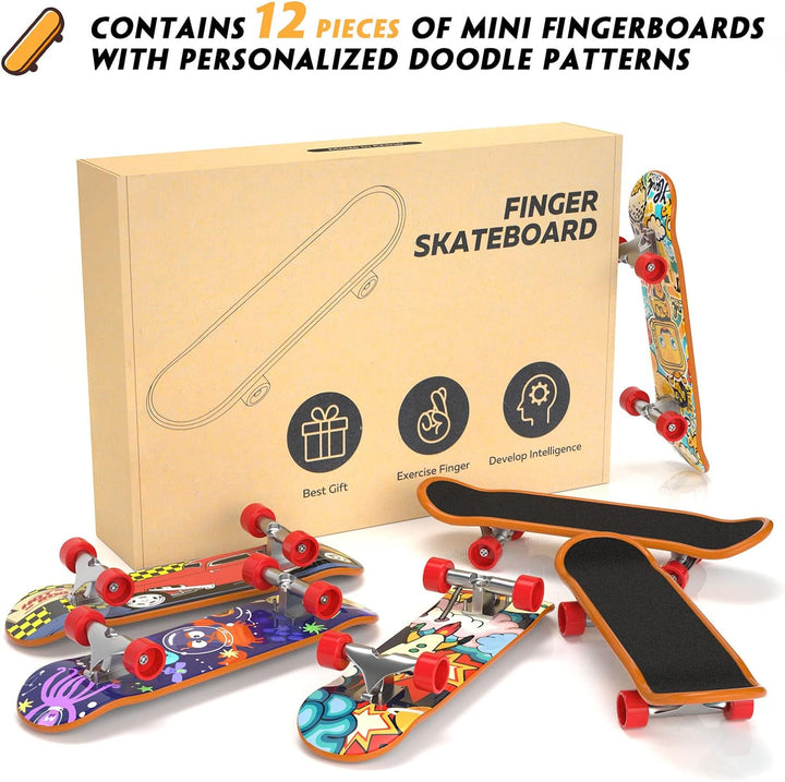 Fingerboard Mini Finger Skateboards Toys 12PCS Professional Finger Boards Set Creative Fingertips Movement, Mini Skateboard Starter Kit Finger Sports Party Favors Novelty Toy Gift for Kids
