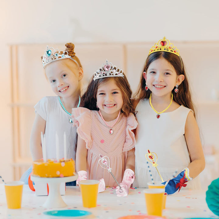 Princess Dress up Party Accessories for Princess Costume Gloves Tiara Wand Necklace Earrings Bracelet and Ring Gift Set 9Pcs (Pink, Set of 7, 9Pcs)