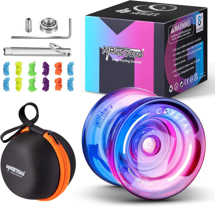 K2 Crystal Responsive Yoyo for Kids 8-12, Professional Fingerspin Trick Yoyo for Advanced, Dual Purpose Mode with Unresponsive Bearing+12 Yo Yo Strings+Yo-Yo Case Bag (Pink Purple Gradient)
