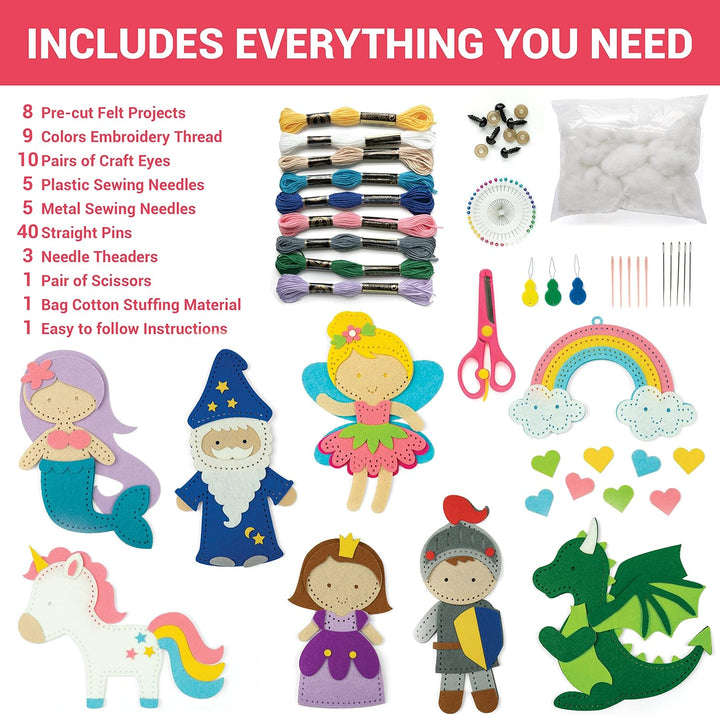 Sewing Kit for Kids, Fun and Educational Fairytale Craft Set for Boys and Girls Age 7-12, Sew Your Own Felt Animals Craft Kit for Beginners, 165 Piece Set