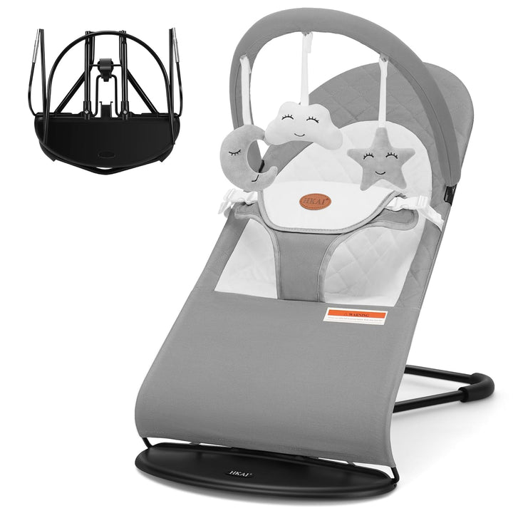 Baby Bouncer, Portable Baby Bouncer Seat for Babies 0-18 Months, 100% Cotton Fabrics, 3 Modes of Use with Rocker and Stationary Options, Infant Rocker Chair with Hanging Toys-Dark Grey