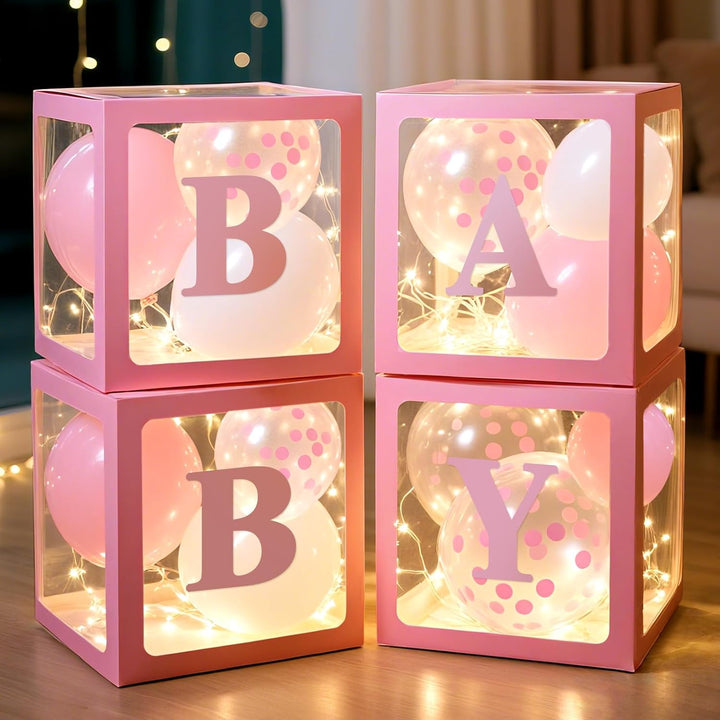Baby Boxes with Letters for Baby Shower Decorations, 4 Pcs Clear Baby Balloon Boxes Blocks Decor with LED Fairy String Lights for Boy Girl Gender Reveal Decorations Backdrop Party (White)