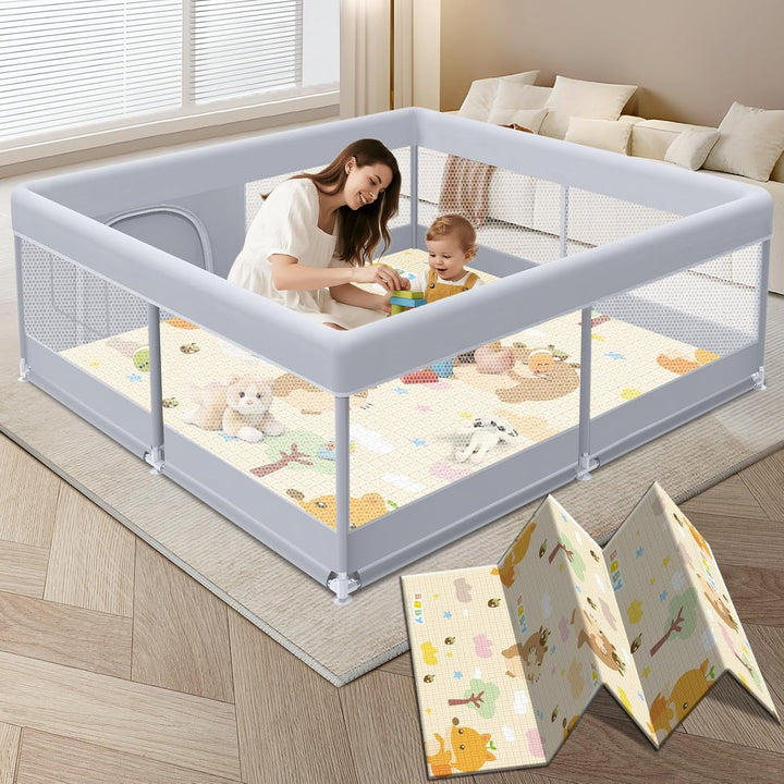 Baby Playpen 50 X 50 Inch Play Pen Playards, Playpen for Babies and Toddlers, Baby Playard for Indoor & Outdoor Active Center Game Fence, with Skin-Friendly Fabric and Soft Breathable Mesh Grey