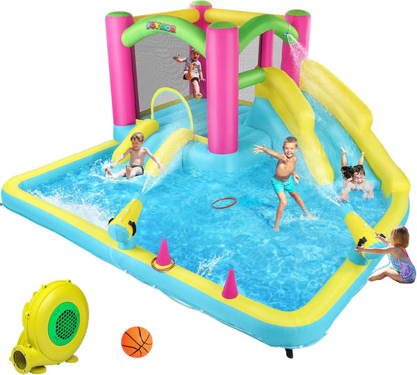 Inflatable Bounce House with Double Water Slide for Kids Toddler Age 3-10, Splash Pool Water Cannons, Ring-Toss Games for Outdoor Backyard Fun Water Toys, Indoor Bouncy Castle with Air Blower