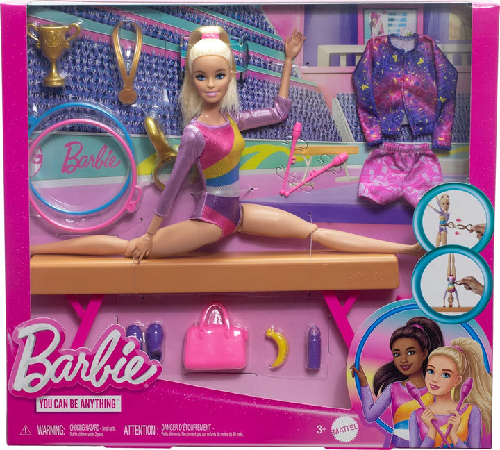 Careers Playset, Gymnastics Set with Blonde Gymnast Fashion Doll, C-Clip for Flipping Action, Balance Beam, Warm-Up Suit & Accessories