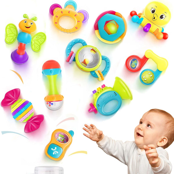 10Pcs Baby Rattles Toys Set, Infant Grab Shake Rattle, Easy Hold Sensory Teether, Babies Development Learning Music Toy, Newborn Shower Birthday Gift 1 2 3 4 5 6 7 9 10 12 Month Boy Girl