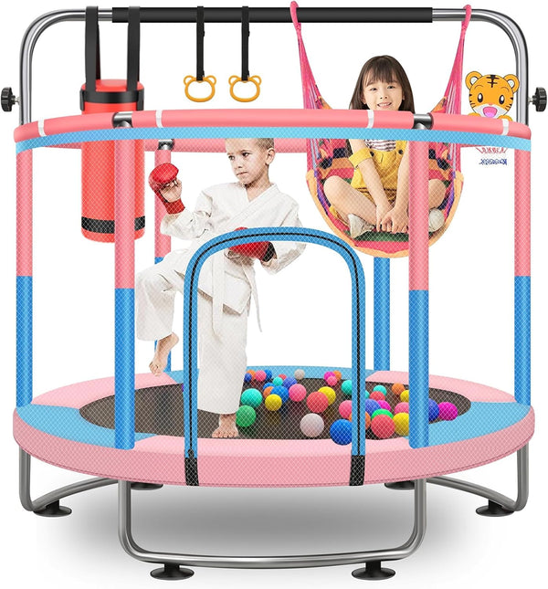60" Toddler Trampoline for Kids, 5FT Adjustable Trampoline Indoor Outdoor with Enclosur Net, Mini Trampoline for Kids 3-10, 880Lbs Capacity, Adjustable Gymnastics Bar, Basketball Hoop, Swing