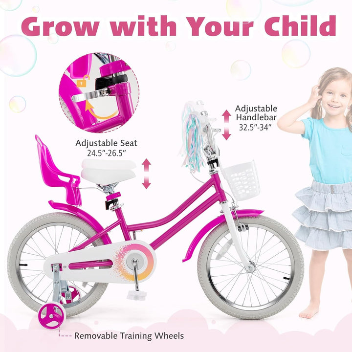 Kids Bike, 12 14 16 18 Inch Girls Bike W/Training Wheels, Doll Seat, Streamers, Handbrake & Coaster Brake, Fully Enclosed Chain, Princess Style Children Bicycle, Gift for Girls 3-8