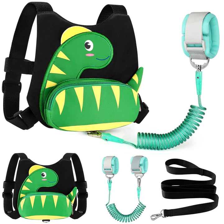 Toddler Harness with Leash, Cute Dinosaur Kids Harness + anti Lost Wrist Link, Mini Child Harness Leash Wristband Strap Belt Protector for Baby Boys Girls to Outdoor Travel (Blue)