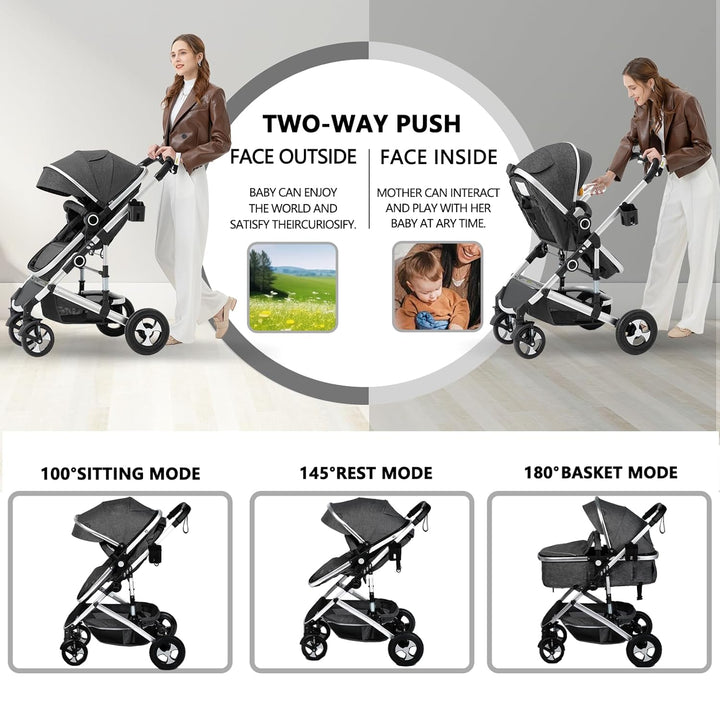 2 in 1 Convertible Baby Stroller, Folding High Landscape Infant Carriage, Newborn Reversible Pram, Diaper Bag, Anti-Shock Toddler Pushchair Stroller, Dark Grey