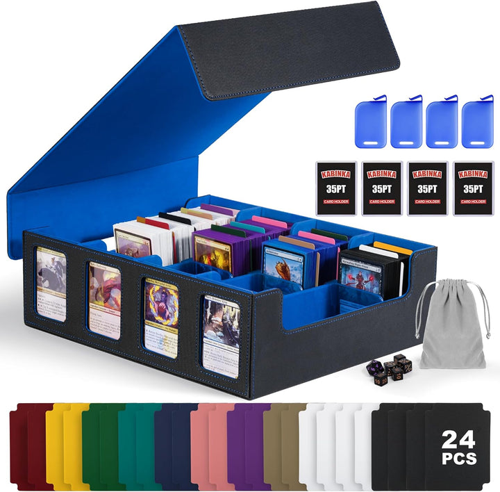 Trading Card Storage Box with Commander Display , 5-Row Deck Case with Removable Lid; 3900+ Card Deck Box for MTG TCG Sports Card, 5 Toploaders, 5 Stoppers, 48 Dividers,1 Dice Tray (Black Purple)