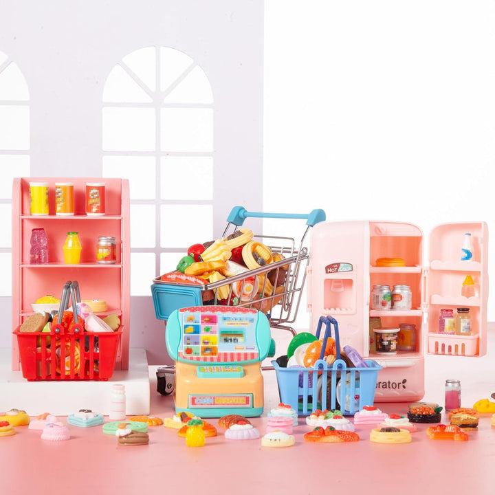164Pcs Mini Shopping Cart Basket Miniature Food Drink Toy Supermarket Metal Handcart Trolley Dollhouse Store Grocery Accessories Kitchen Play Game Party Model Shelves Cash Register Refrigerator Fridge