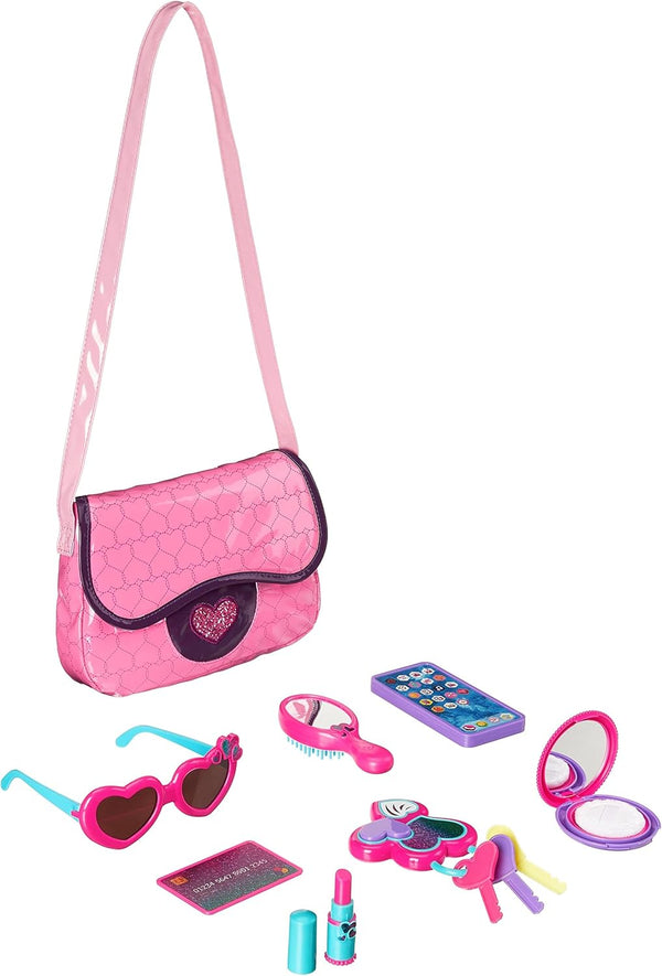 8-Piece Pretend Play Purse Toy with Accessories for Girls Ages 3 and Up, Handbag Gift Set Including Smartphone, Sunglasses, Makeup Compact, Keys and Credit Card, Pink