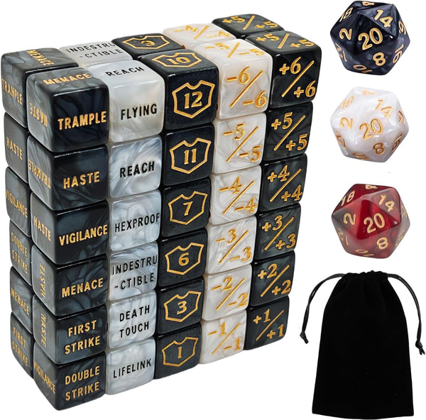 63 PCS MTG Counter Dice Set - Abilitykeyword Counters, -1/+1 Life Counter, Shield Life Counter Dice, Creature Stat Buffs, Marble Colour D6 Cube Dice, for MTG, TCG, Card Games (Includes Black Bag)