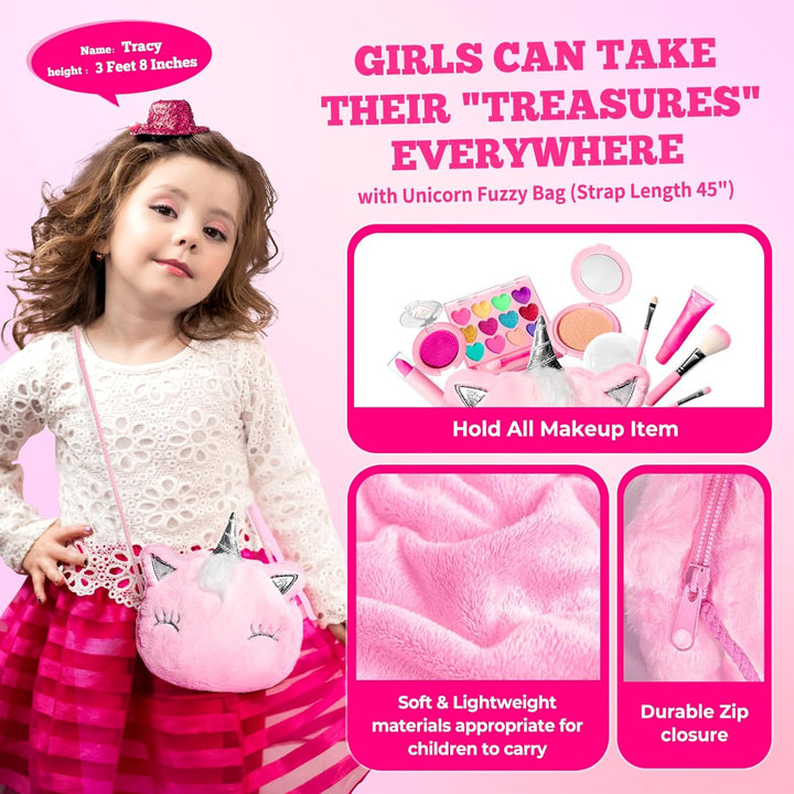 Kids Real Makeup Kit for Girls with Fluffy Purse - Real, Non Toxic, Washable Make up Toy - Umicorn Toys Gift for 3 4 5 6 7 8 Years Old Girls Birthday (Pink Umicorn)