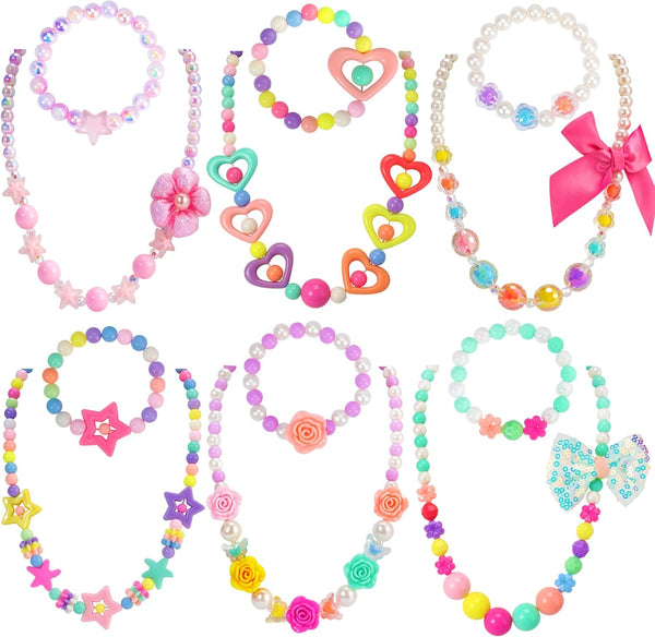Kids Classic Jewelry, 6 Sets of Beaded Necklaces and Bracelets for Girls, Favors Bags for Girls Jewelry (Classic)