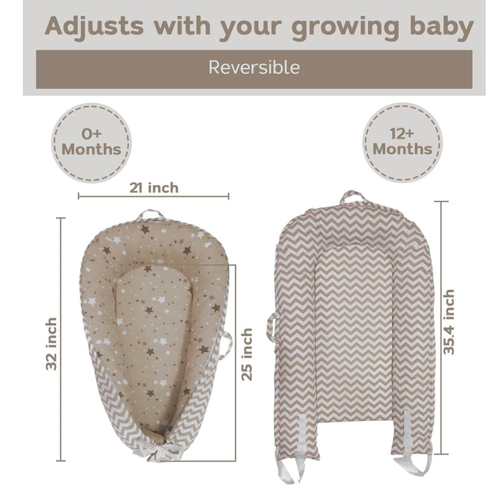 Aila + Aiden Baby Lounger | Organic Cotton Infant Lounger | Reversible, Adjustable & Portable Floor Lounger | Soft, Breathable, Washable Cover- Star Collection (Tan)