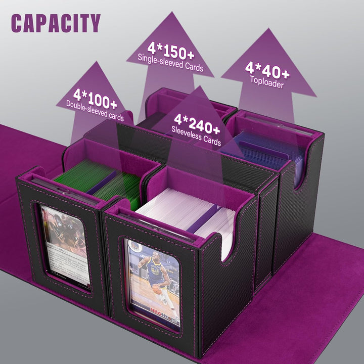Card Deck Box for MTG with Commander Display, 5 in 1 Card Storage Box Fits 400+ Double-Sleeved Cards, Removable Deck Case for Tcg/Sports Cards with Dice Tray, 4 Magnetic Card Holders (Black Purple)