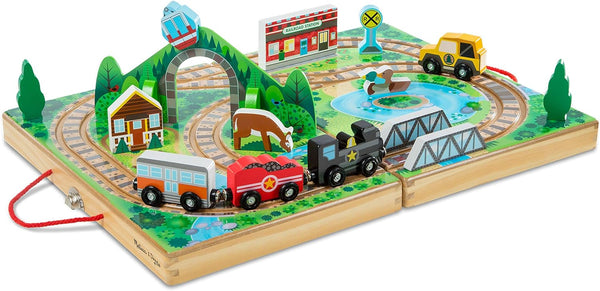 17-Piece Wooden Take-Along Tabletop Railroad, 3 Trains, Truck, Play Pieces, Bridge - FSC Certified